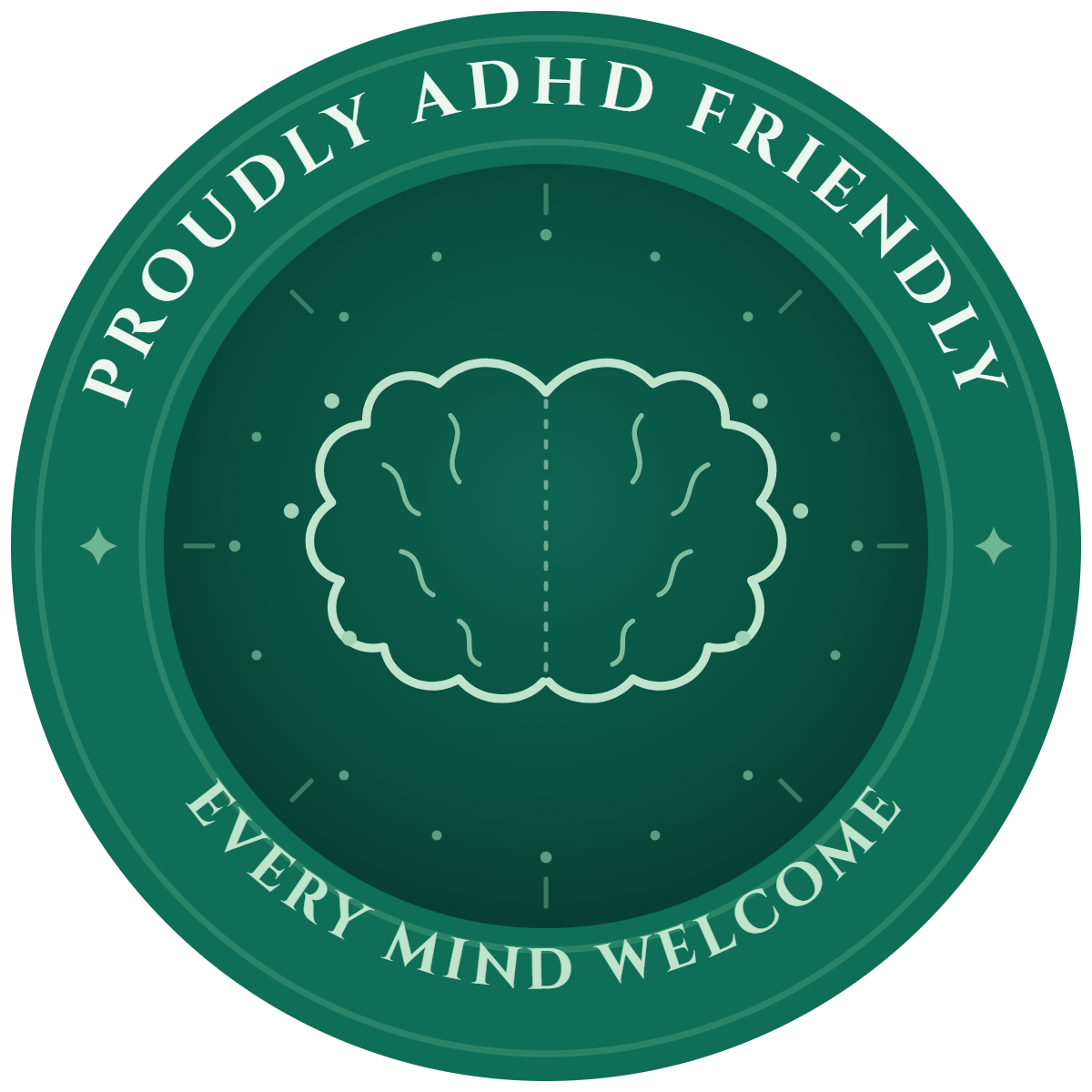 The Proudly ADHD Friendly seal. A two hemisphere line drawing of a brain on a lit core, ringed by the words Proudly ADHD Friendly and Every Mind Welcome.