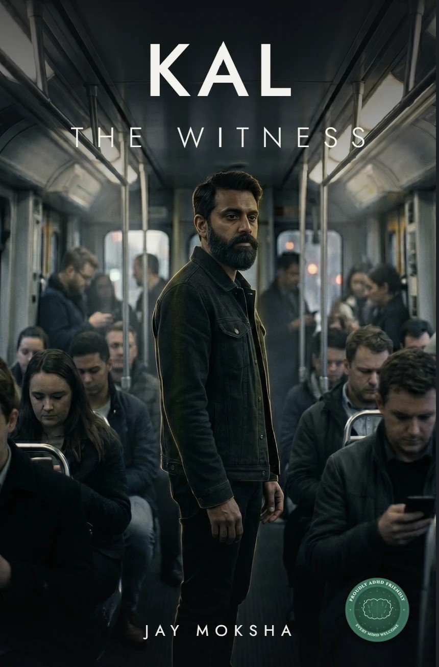 Cover of KAL: The Witness. A man stands alone in a crowded tram carriage looking out, while every other passenger looks down at a phone.